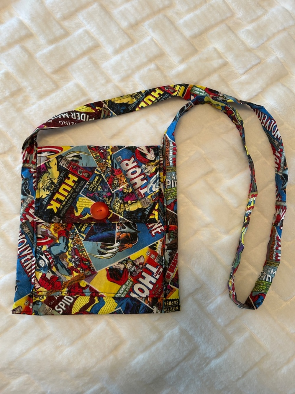 Marvel Comic Collage Fabric Crossbody Bag in Red, Yellow, Blue